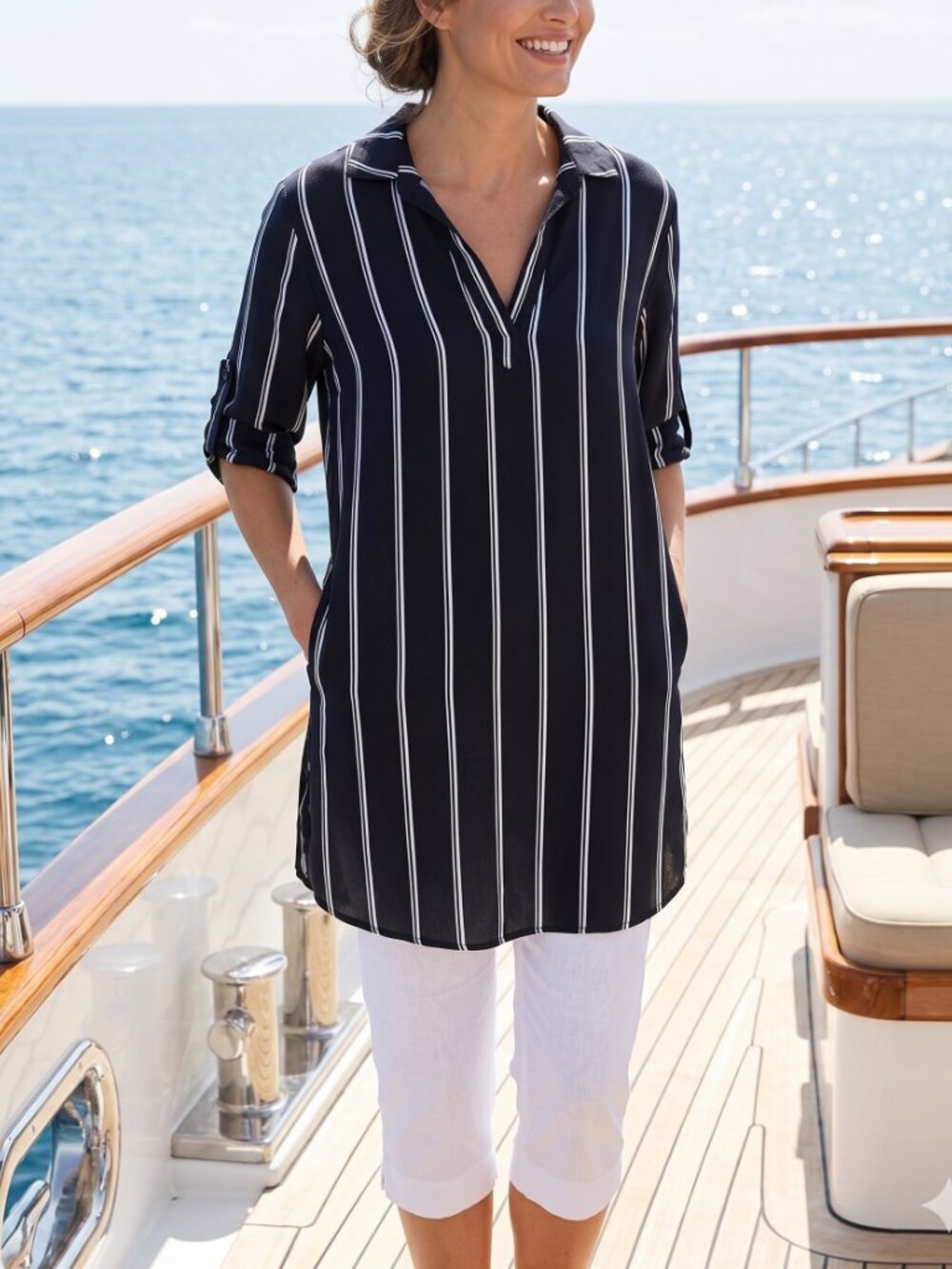 Elan Blue Striped Shirt Size Large Tunic White Navy 3/4 Sleeve